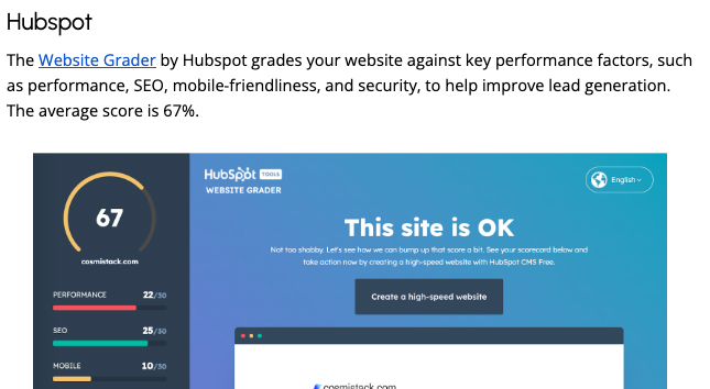 A screenshot of a page with the title Hubspot and a screen capture of an audit review. This is a clip of one page of an 80-page Complete Online Presence Audit