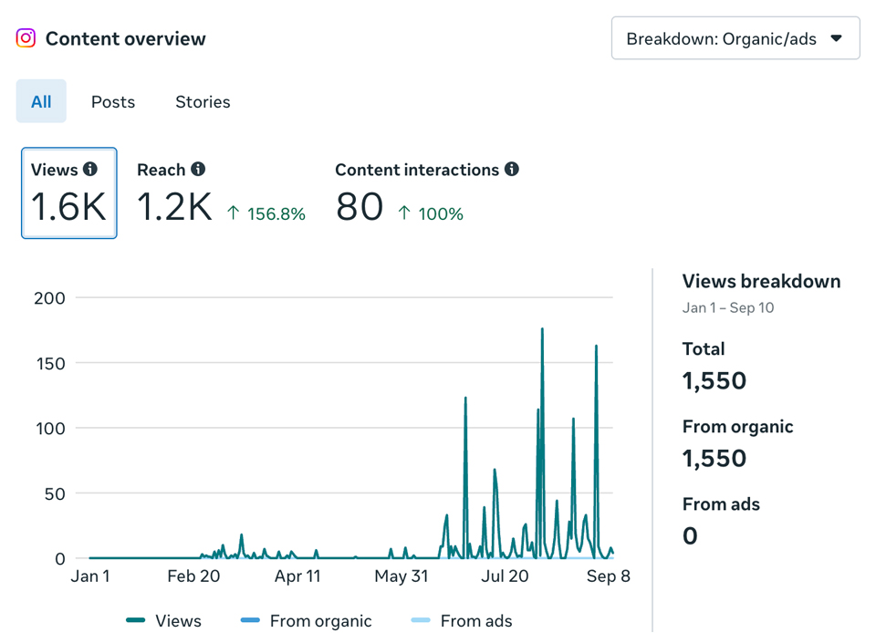 Snapshot of social media metrics of an Instagram account on the Reignite tier. Service started in June